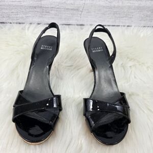 Stuart Weitzman Black Patent Leather and Cork Sling Back Kitten Heels